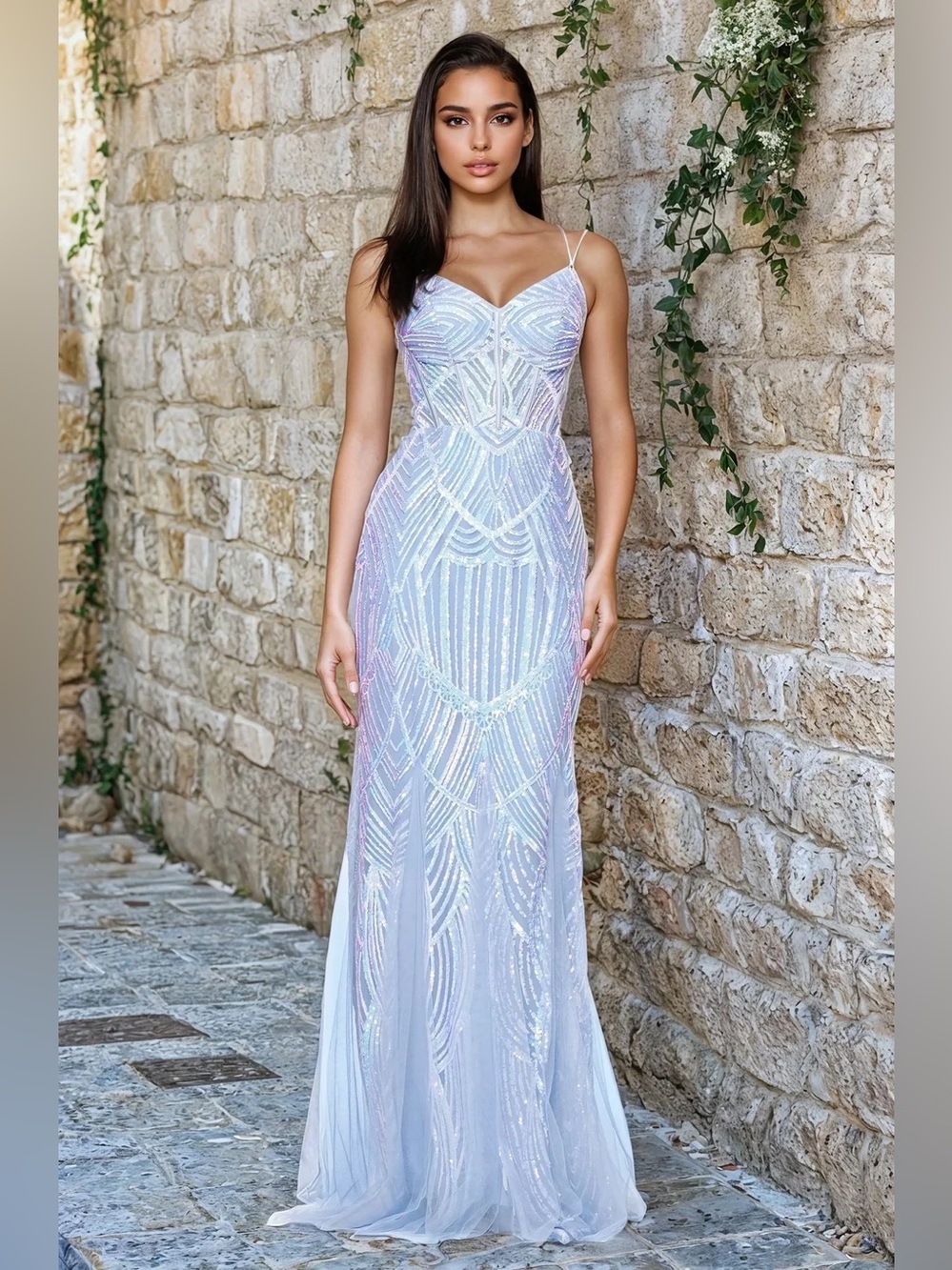 Blondie Nites Iridescent Light Blue Sequin Maxi Dress
